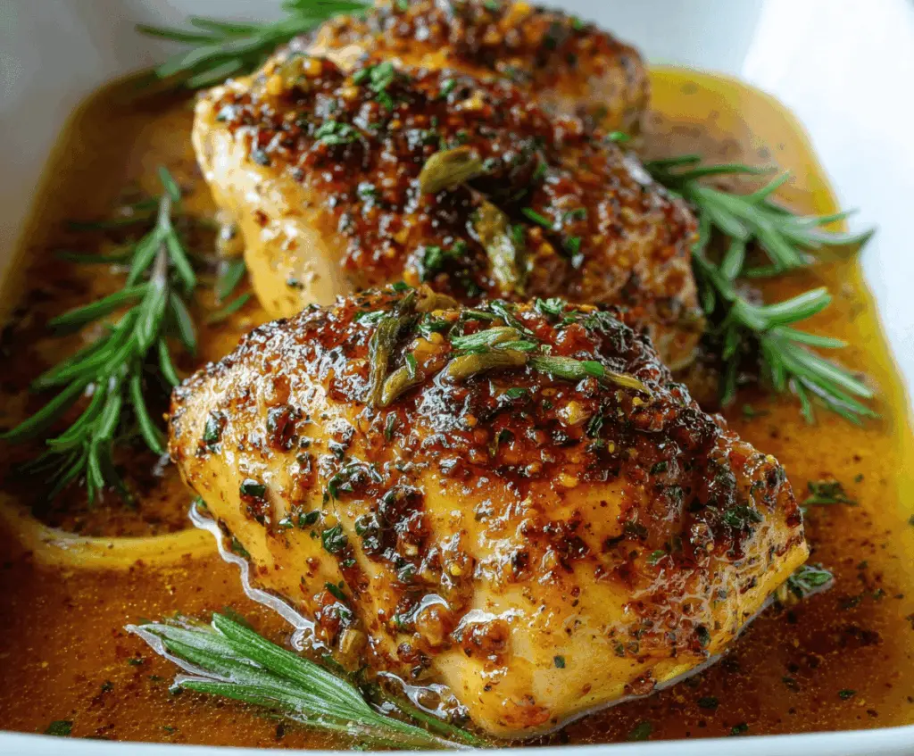 Juicy baked honey Dijon chicken served with fresh herbs and vegetables on a white plate