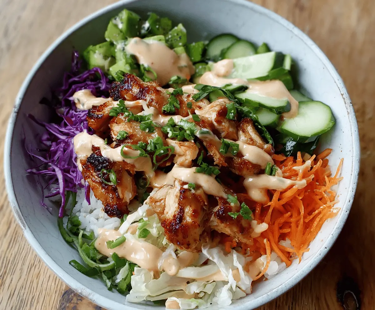 Delicious Bang Bang Chicken Bowl featuring crispy chicken, creamy sauce, fresh vegetables, and sesame seeds, served in a bowl for a flavorful meal
