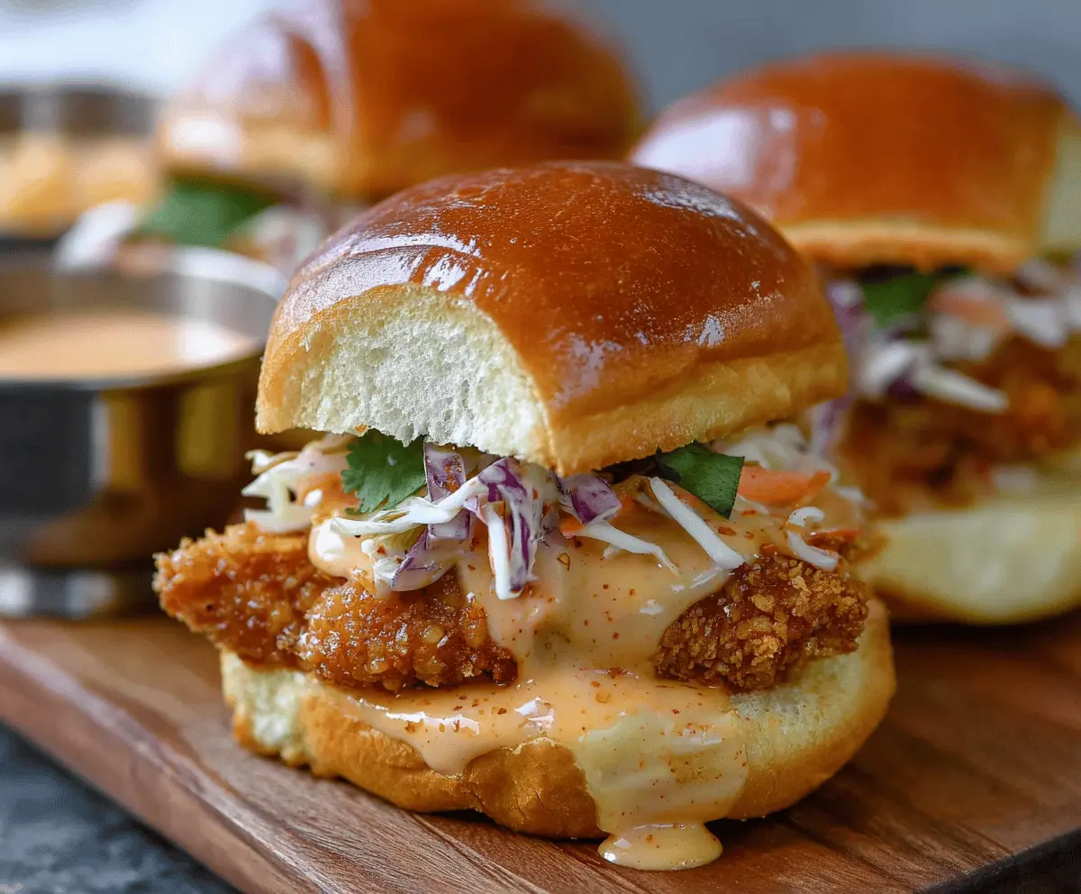 Creamy Bang Bang Chicken Sliders topped with spicy mayo and crunchy slaw on soft buns, perfect for a flavorful appetizer or snack.