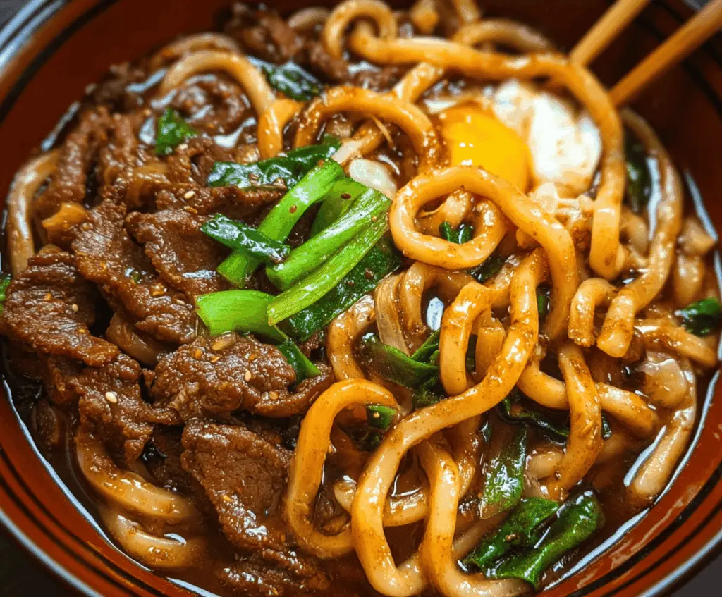Delicious Beef Black Pepper Udon noodles with tender beef slices and spicy black pepper sauce, served in a white bowl on a wooden table.