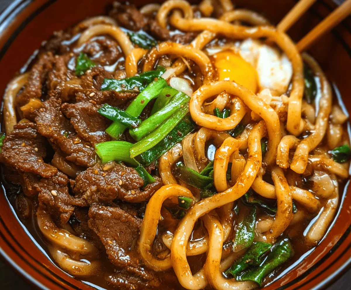 Delicious Beef Black Pepper Udon noodles with tender beef slices and spicy black pepper sauce, served in a white bowl on a wooden table.