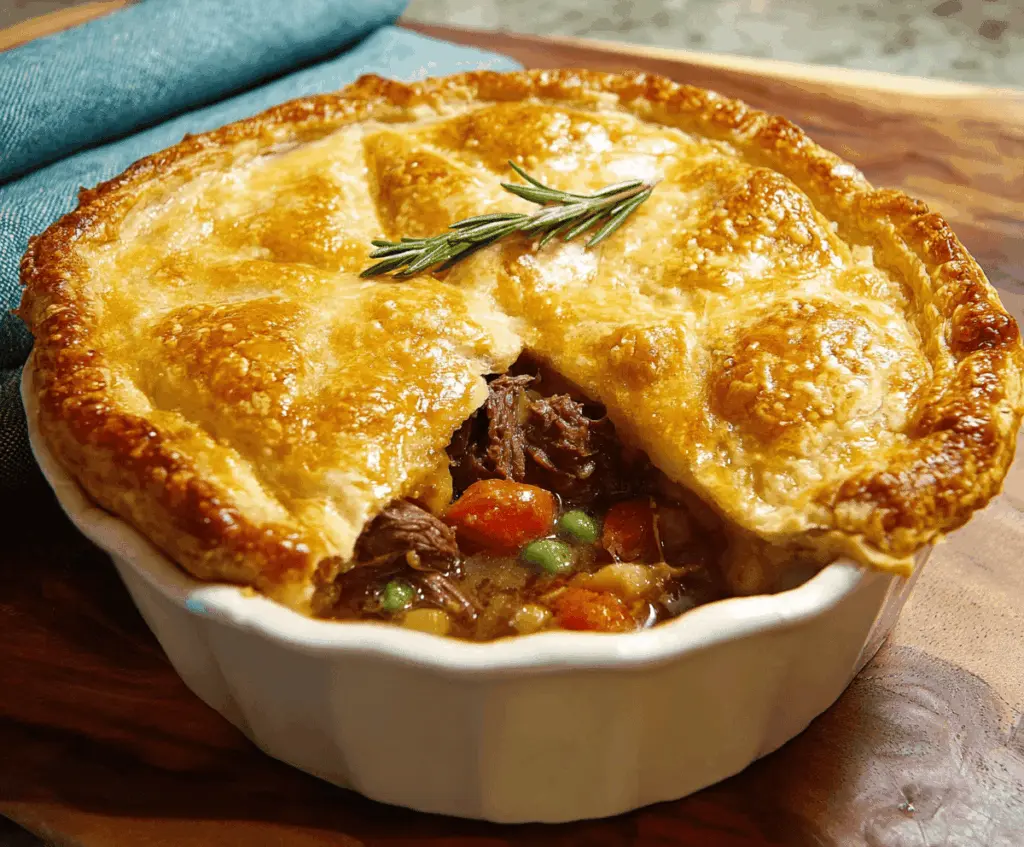 Delicious homemade beef pot pie topped with golden, flaky crust and filled with tender beef, vegetables, and savory gravy.