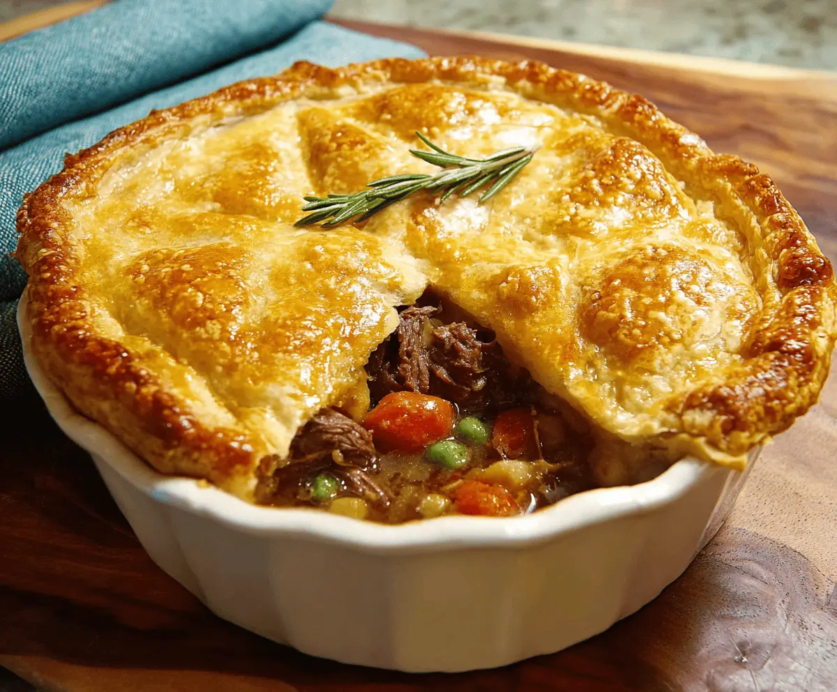 Delicious homemade beef pot pie topped with golden, flaky crust and filled with tender beef, vegetables, and savory gravy.
