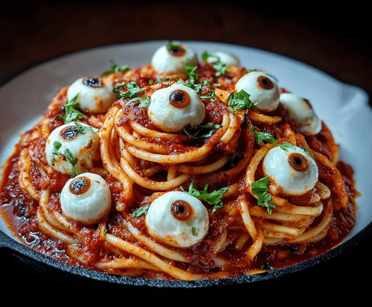 Spooky Bloody Spaghetti topped with mozzarella eyeballs for Halloween-themed dinner