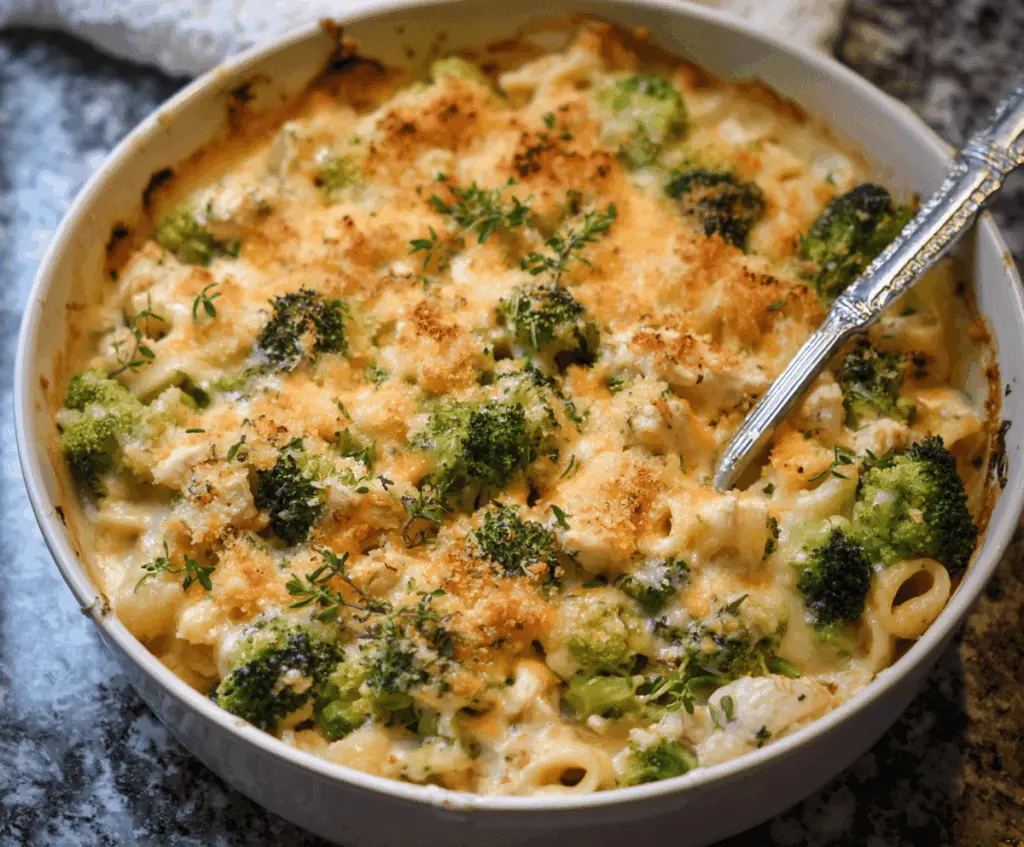 Creamy broccoli and chicken casserole topped with melted cheese, served in a baking dish, perfect for a healthy and hearty meal.