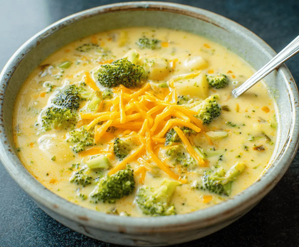 Creamy broccoli, potato, and cheese soup served in a bowl, garnished with fresh herbs, perfect for a warm, comforting meal.
