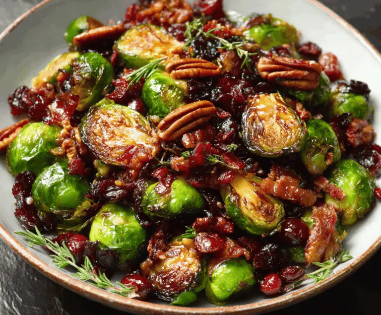 Brussels sprouts with Bacon, Pecans, Cranberries, and Balsamic Glaze.