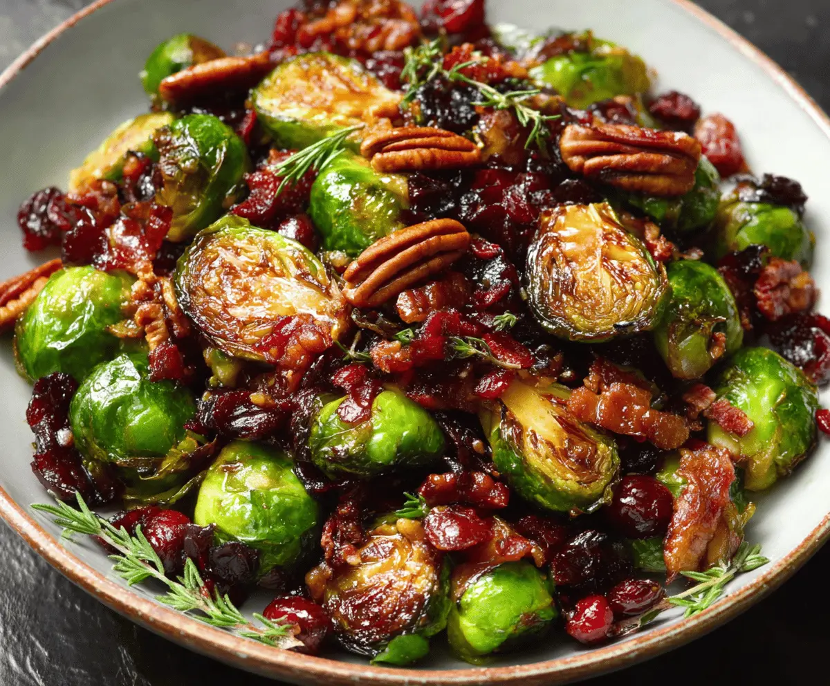 Delicious Brussels sprouts salad with crispy bacon, toasted pecans, tart cranberries, and a glossy balsamic glaze on a white plate