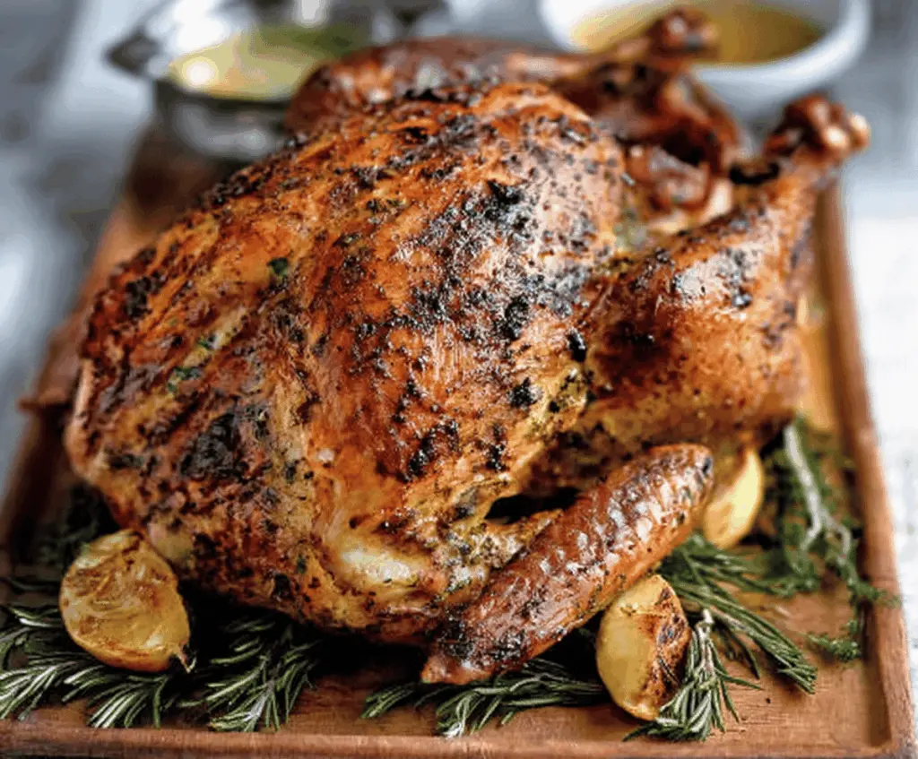 Juicy Cajun roasted turkey with crispy golden skin, perfect for festive occasions.