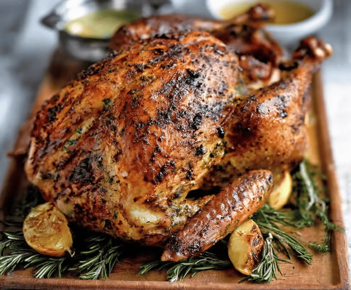 Juicy Cajun roasted turkey with crispy golden skin, perfect for festive occasions.