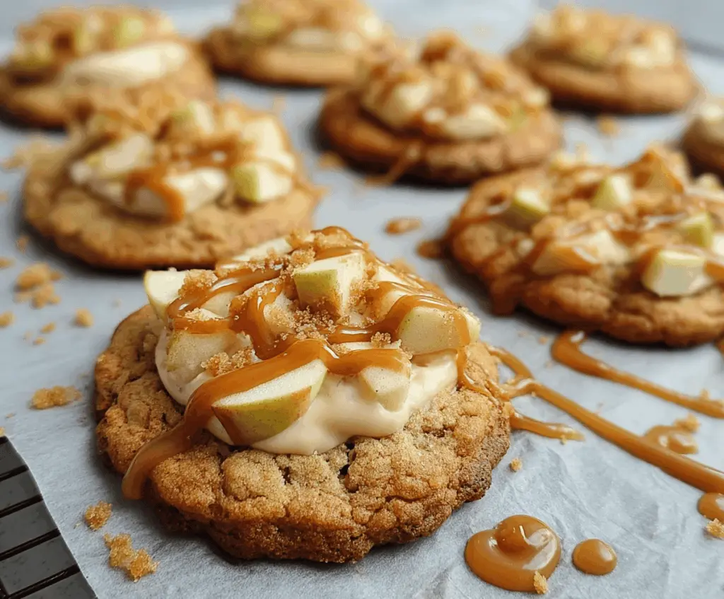 Delicious caramel apple cookies with a golden baked crust and caramel drizzles, perfect for fall desserts.