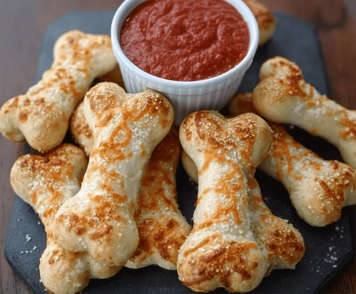 Delicious cheesy breadstick bones topped with melted cheese and herbs, perfect for snacking or party appetizers.