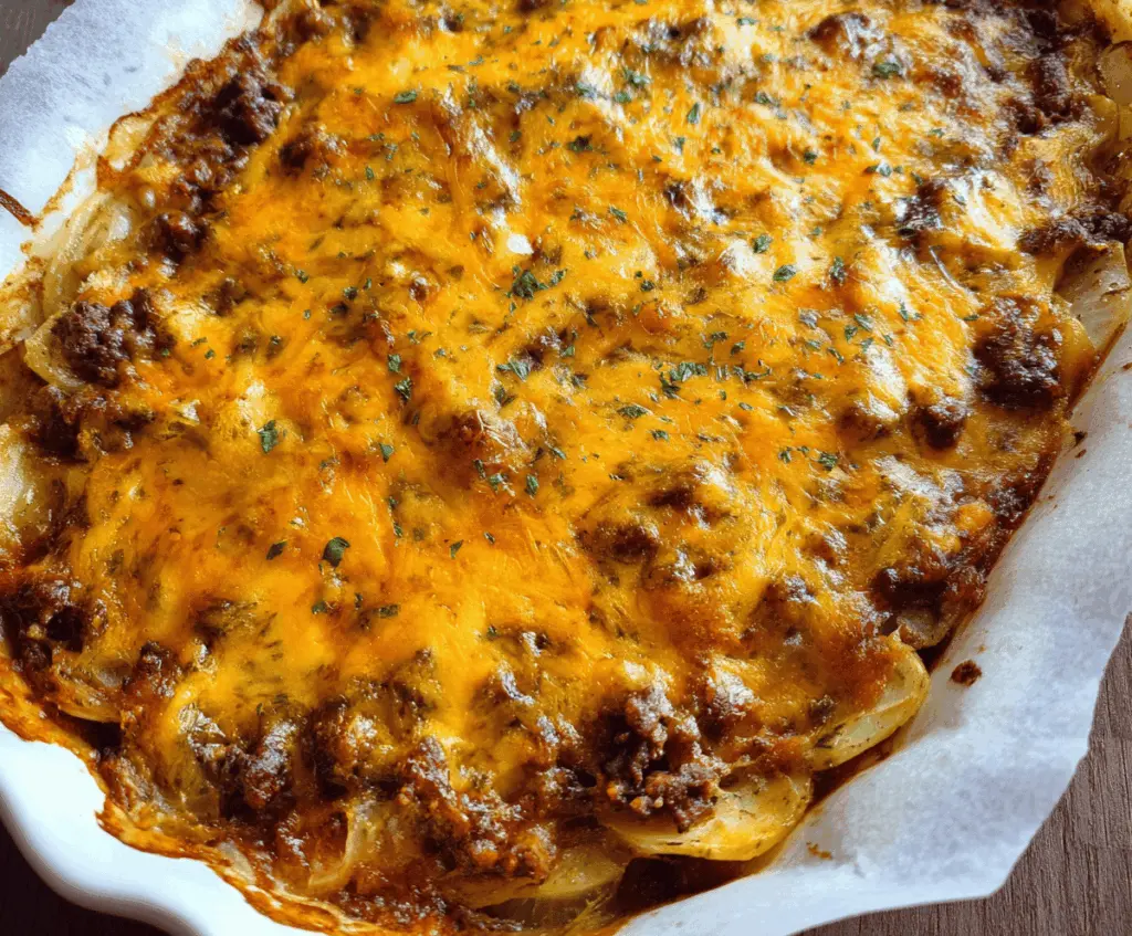 Delicious cheesy ground beef and potato casserole topped with melted cheese and fresh herbs, served hot.