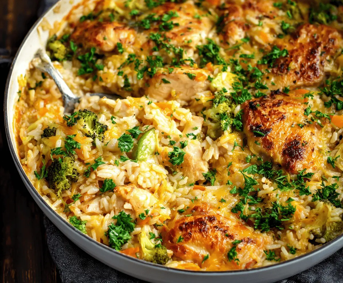 Delicious chicken and rice bake in a baking dish, topped with melted cheese and fresh herbs.