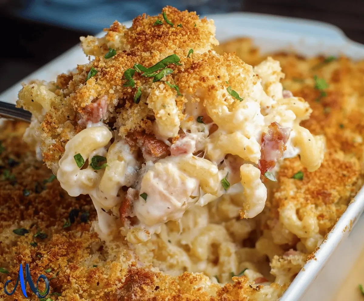 Delicious Chicken Cordon Bleu casserole with melted cheese and crispy ham layers.