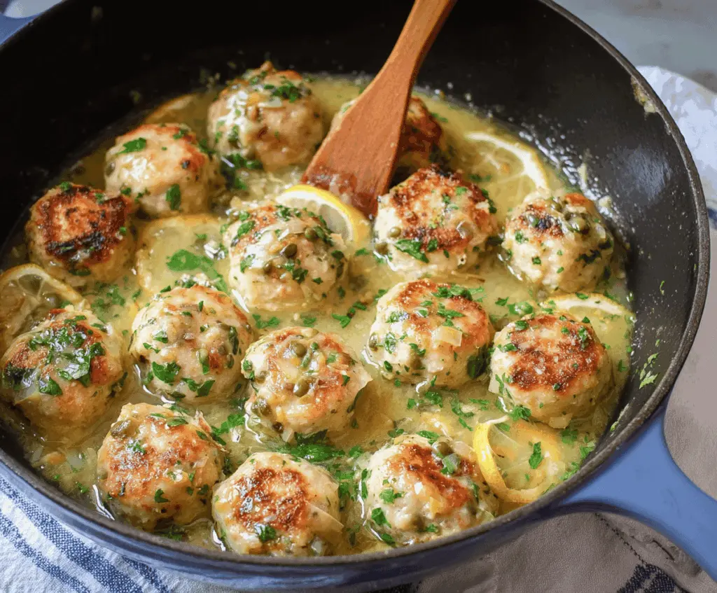 Juicy chicken piccata meatballs topped with lemon slices and fresh herbs on a serving platter, ready to enjoy