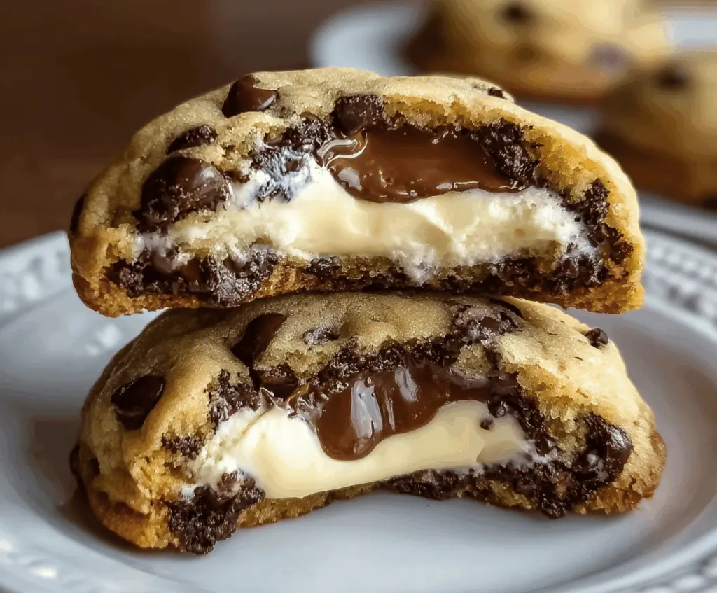 Delicious chocolate chip cookies filled with creamy cheesecake filling, freshly baked and golden brown, perfect for satisfying your sweet cravings