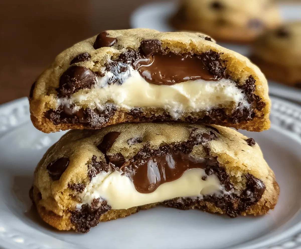 Delicious chocolate chip cookies filled with creamy cheesecake filling, freshly baked and golden brown, perfect for satisfying your sweet cravings