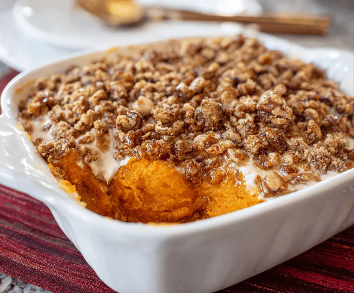 Copycat Ruth's Chris Sweet Potato Casserole — creamy, candied pecan topping