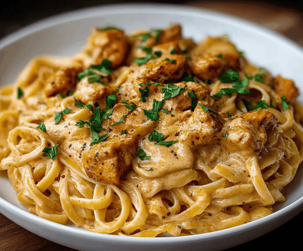 Creamy cowboy butter chicken linguine served with fresh herbs on a white plate, showcasing a flavorful pasta dish with tender chicken and rich butter sauce.