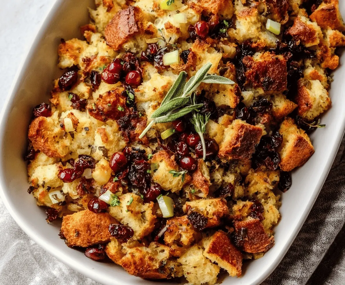 Delicious homemade cranberry apple stuffing served in a baking dish, perfect for holiday dinners and festive occasions.