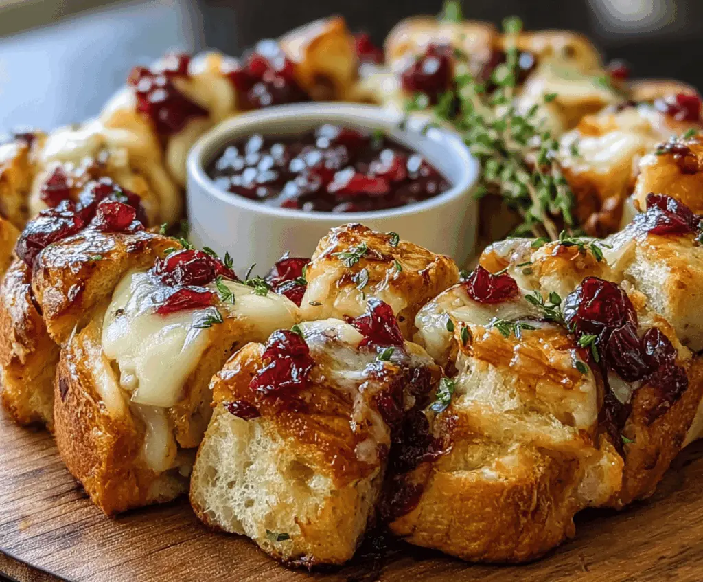 Delicious Cranberry Brie Pull-Apart Bread Bites on a serving platter, showcasing a sweet and savory appetizer with melted brie cheese and fresh cranberries.