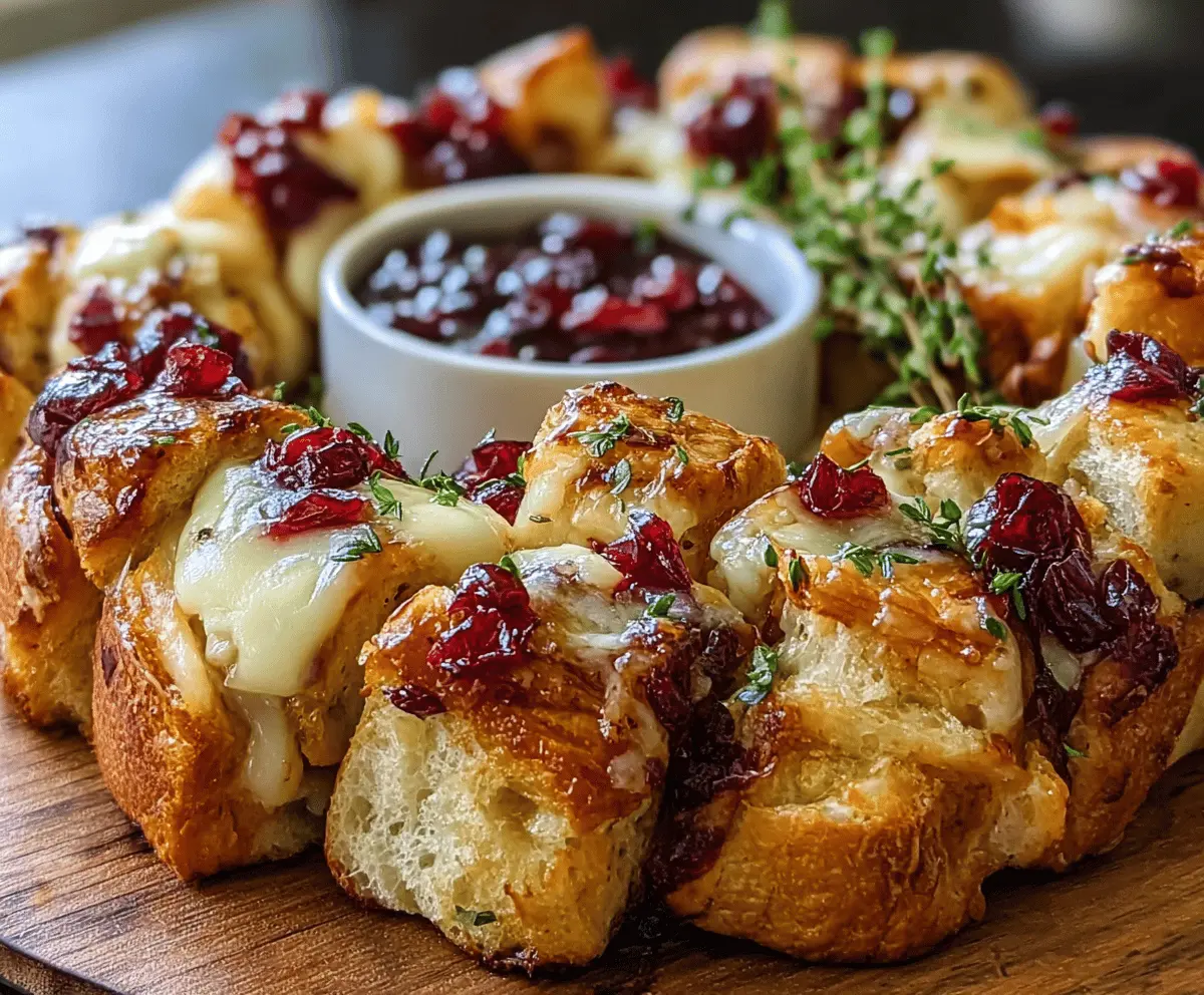 Delicious Cranberry Brie Pull-Apart Bread Bites on a serving platter, showcasing a sweet and savory appetizer with melted brie cheese and fresh cranberries.