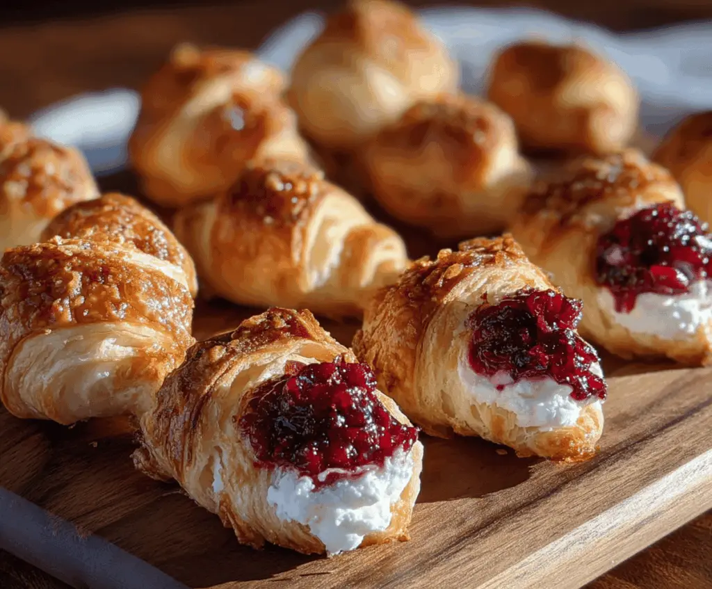 Delicious Cranberry Cream Cheese Crescent Bites with fresh cranberries and creamy filling ready to serve.