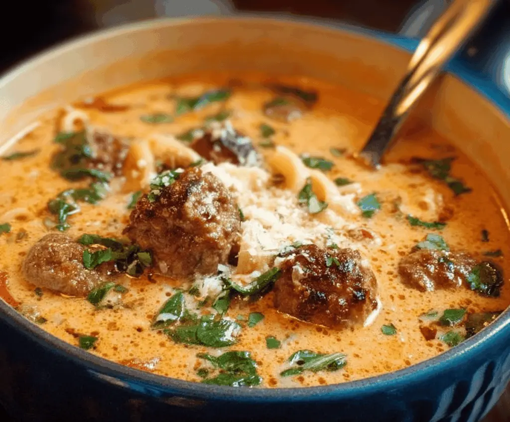 A bowl of creamy Italian meatball soup featuring tender meatballs, fresh herbs, and melted cheese in a rich, flavorful broth.