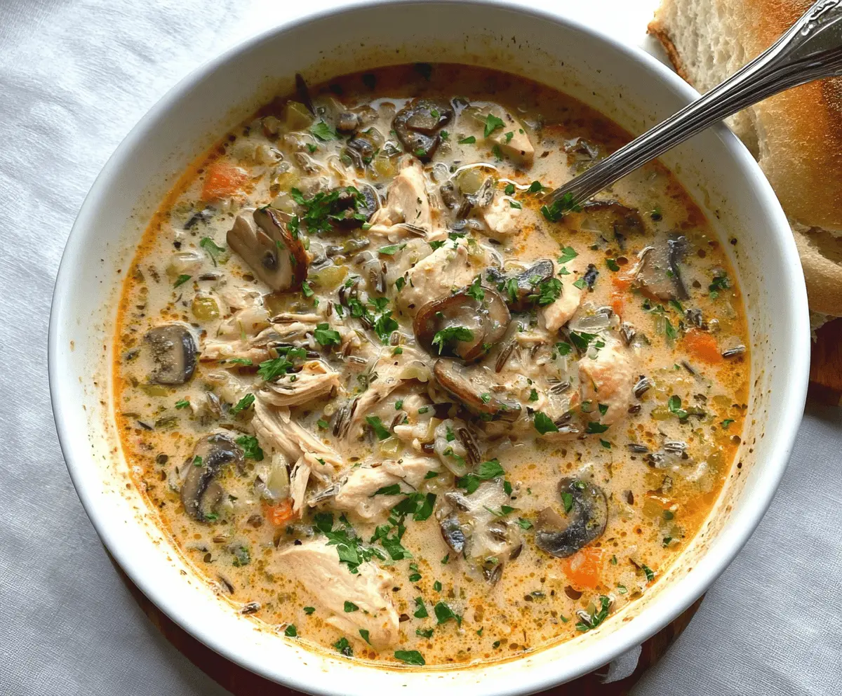 Creamy mushroom chicken and wild rice soup in a bowl with fresh herbs, showcasing a rich and comforting homemade soup.