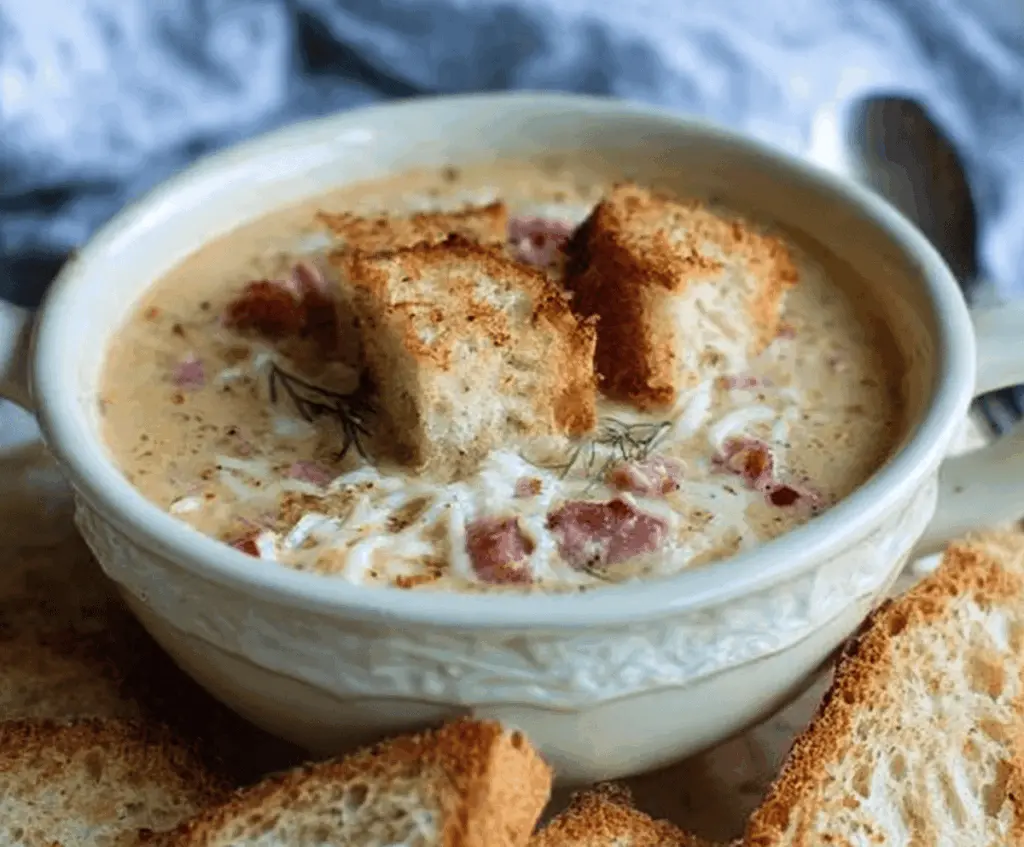 Creamy Reuben Soup in a bowl garnished with fresh herbs and served with rye bread on the side, featuring corned beef, sauerkraut, Swiss cheese, and a creamy broth.