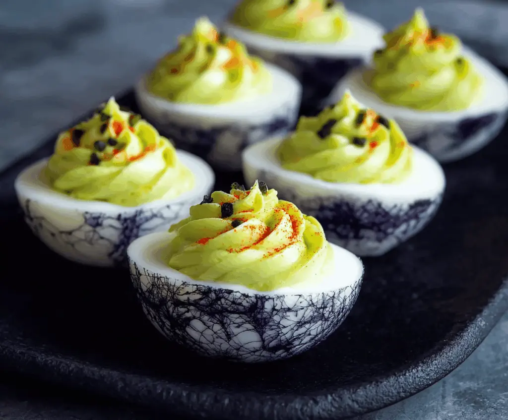 Spooky Creepy Deviled Eggs decorated with eerie toppings for Halloween, perfect for a creepy party appetizer.