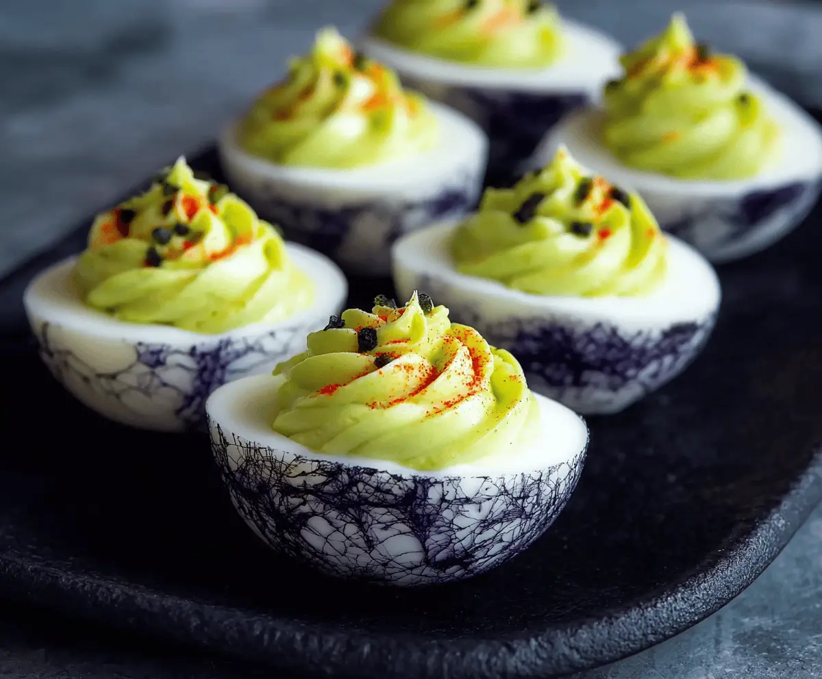 Spooky Creepy Deviled Eggs decorated with eerie toppings for Halloween, perfect for a creepy party appetizer.