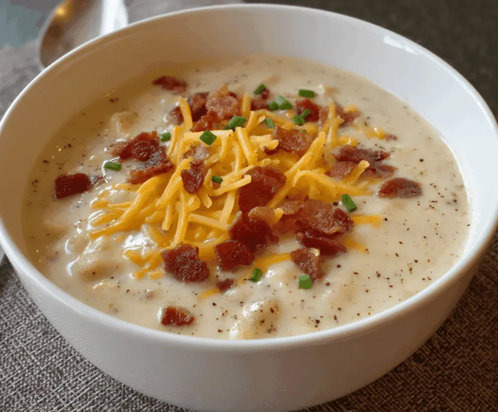Creamy Crockpot Loaded Baked Potato Soup topped with shredded cheese, crispy bacon, chopped green onions, and sour cream in a bowl.
