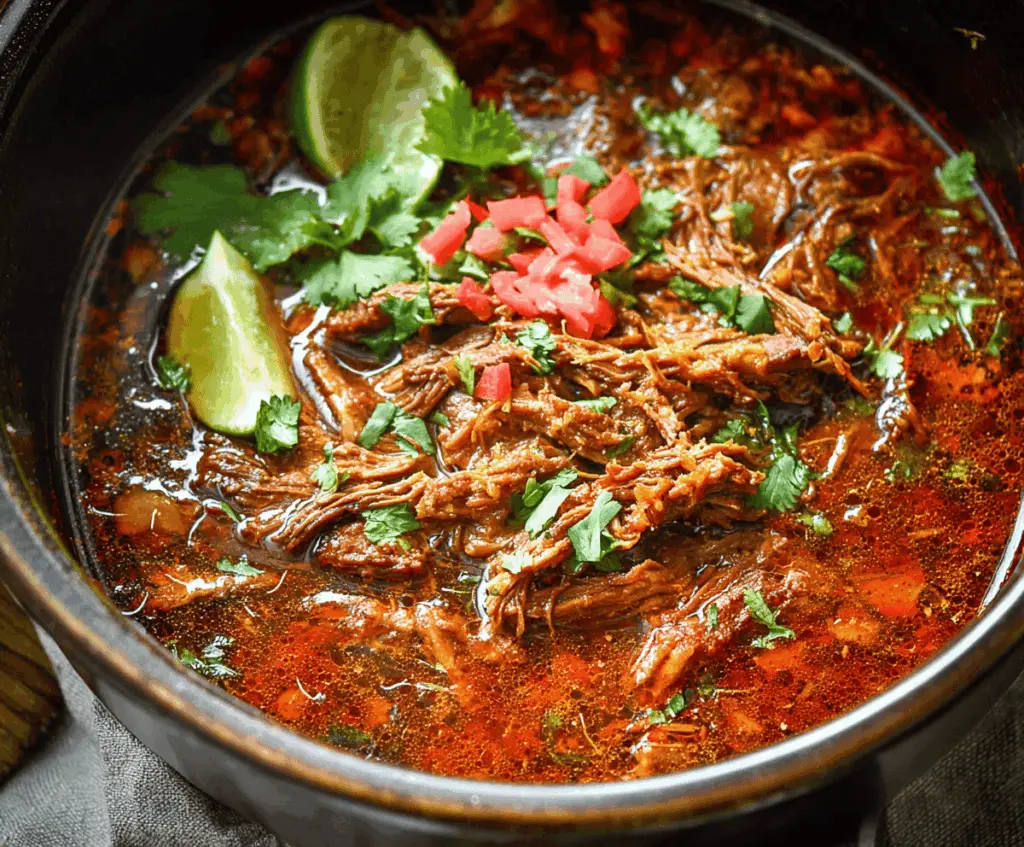 Tender, flavorful Crockpot Mexican Beef Birria served with tortillas and garnished with fresh cilantro and lime wedges