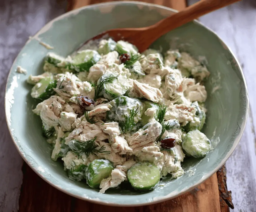 Creamy cucumber dill Greek yogurt rotisserie chicken salad served with fresh herbs and vegetables for a healthy, flavorful meal.