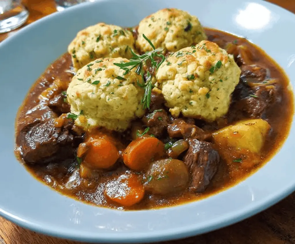 Hearty beef stew with tender beef chunks, vegetables, and fluffy dumplings served in a rustic bowl