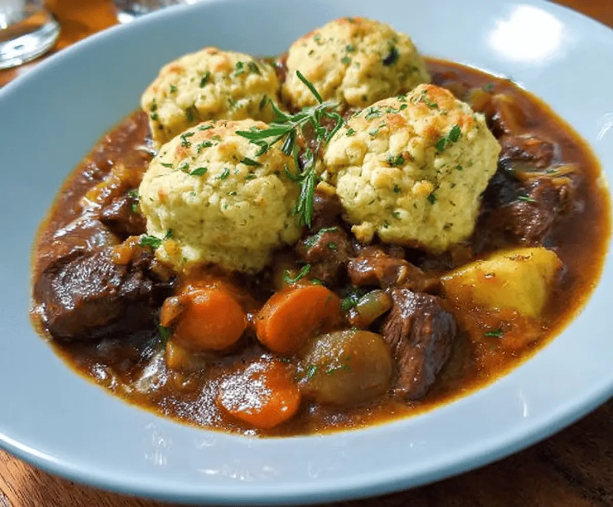 Hearty beef stew with tender beef chunks, vegetables, and fluffy dumplings served in a rustic bowl