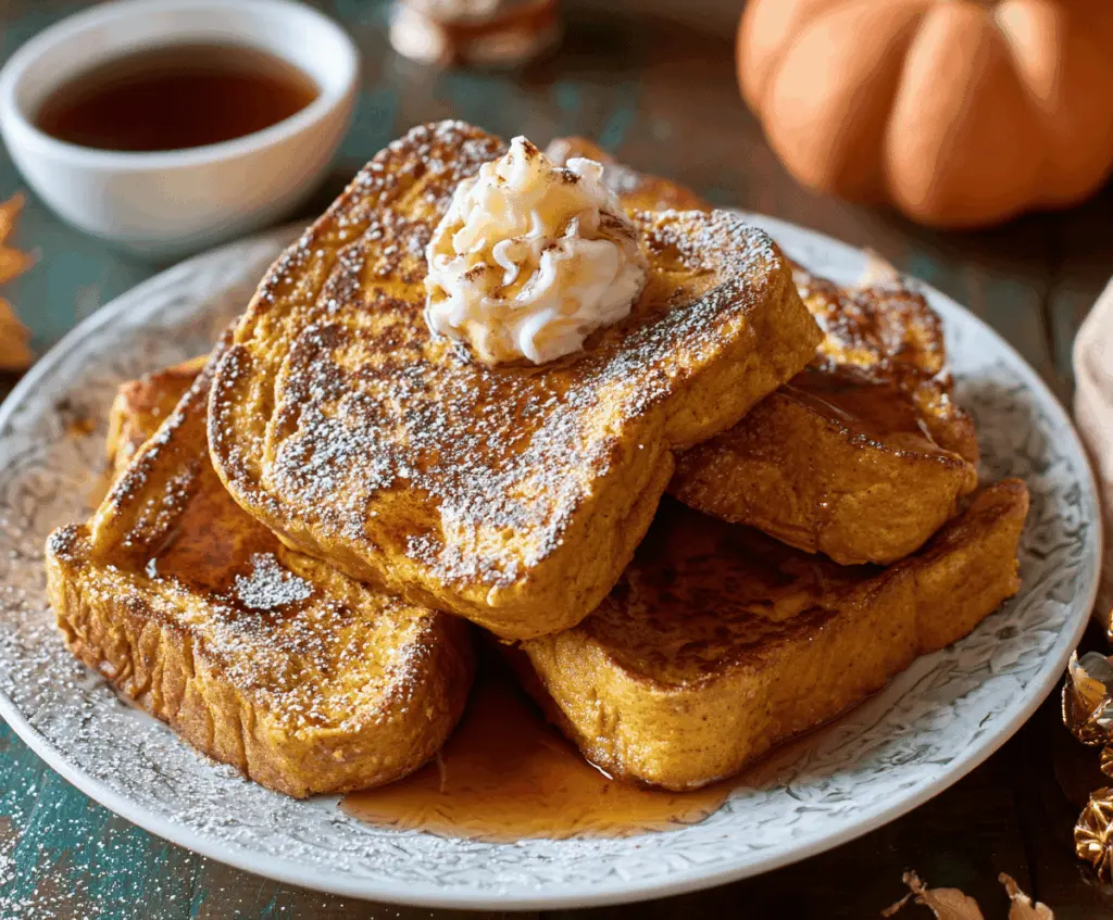 Delicious fall-inspired pumpkin French toast topped with whipped cream and cinnamon, perfect for a cozy breakfast