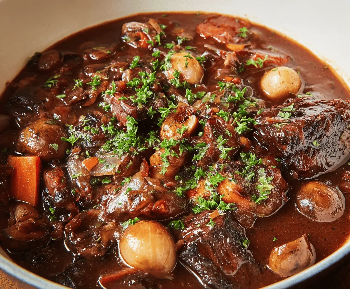 Hearty French Beef Bourguignon served with vegetables and potatoes, showcasing tender beef stewed in red wine and rich herbs
