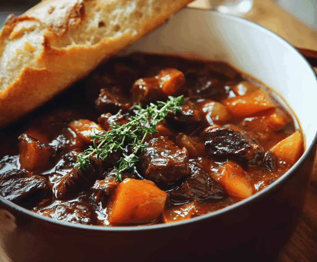 Hearty French-style beef stew simmered in red wine with vegetables and herbs, served in a rustic bowl.