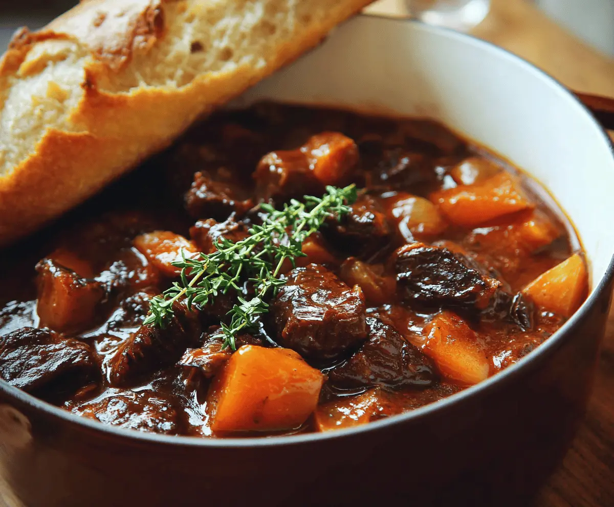 Hearty French-style beef stew simmered in red wine with vegetables and herbs, served in a rustic bowl.