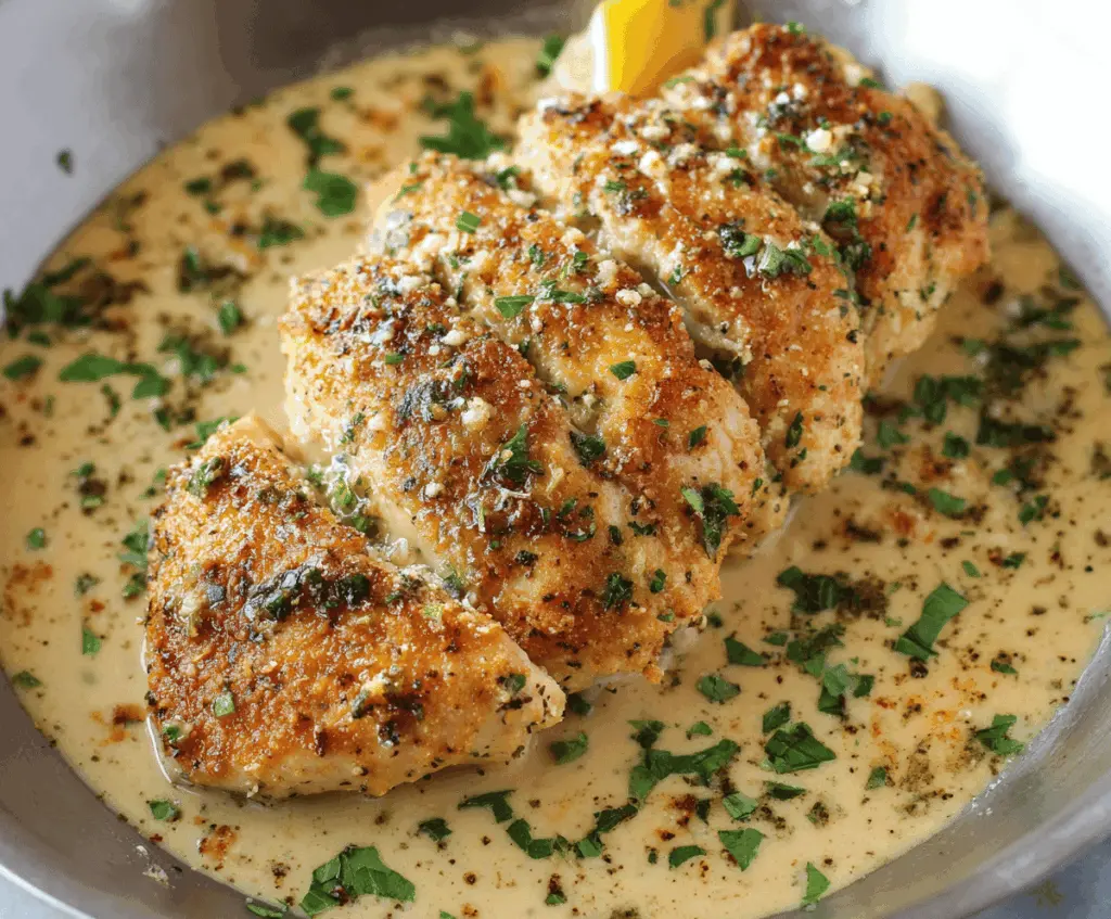 Delicious Garlic Parmesan Chicken breast topped with melted cheese and fresh herbs on a white plate