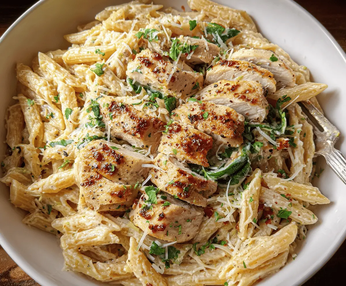 Creamy garlic Parmesan chicken pasta with tender chicken slices, al dente pasta, and a flavorful cheese and garlic sauce on a white plate.