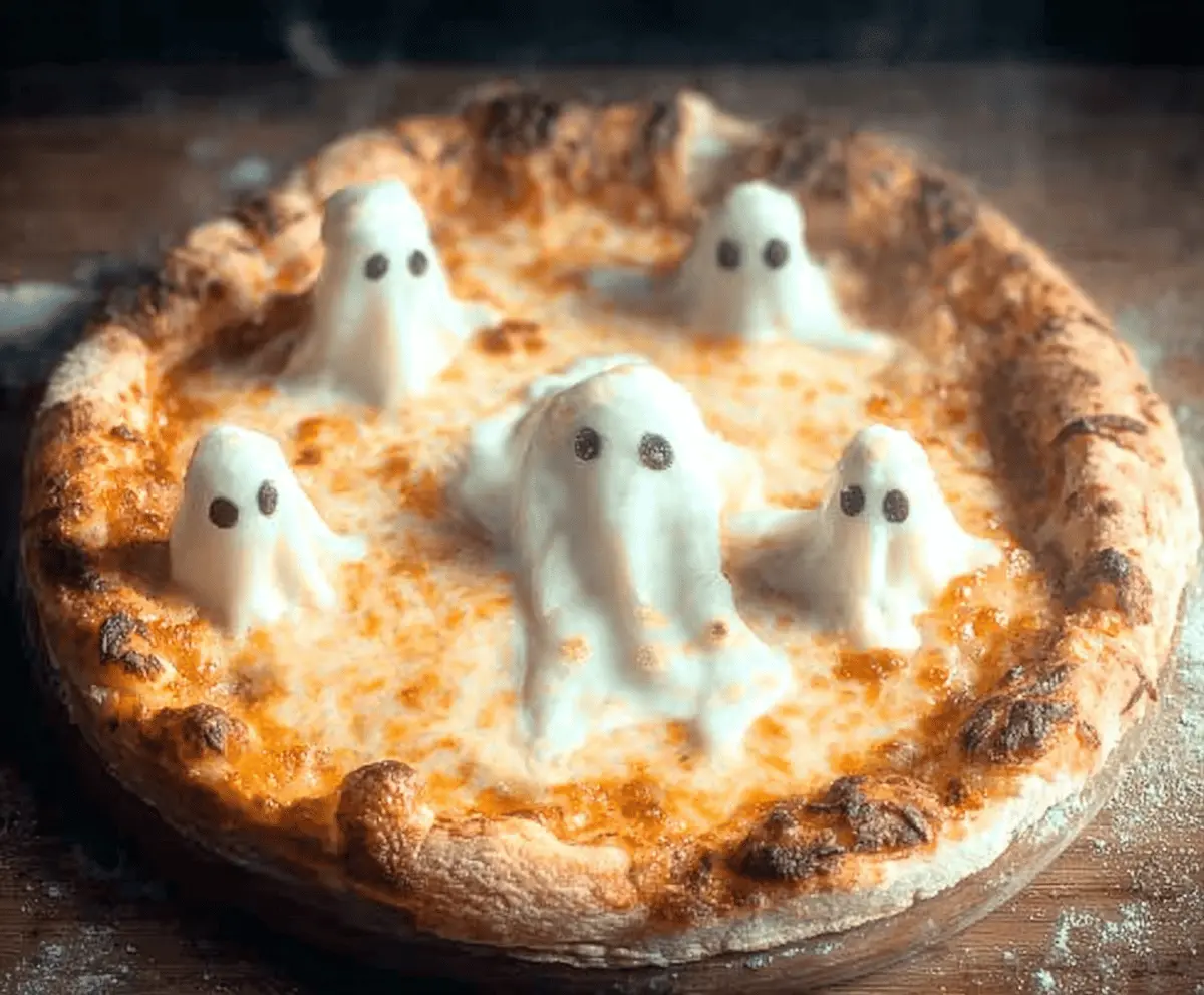 Delicious ghost-shaped pizza with cheese and pepperoni, perfect for Halloween parties and spooky celebrations