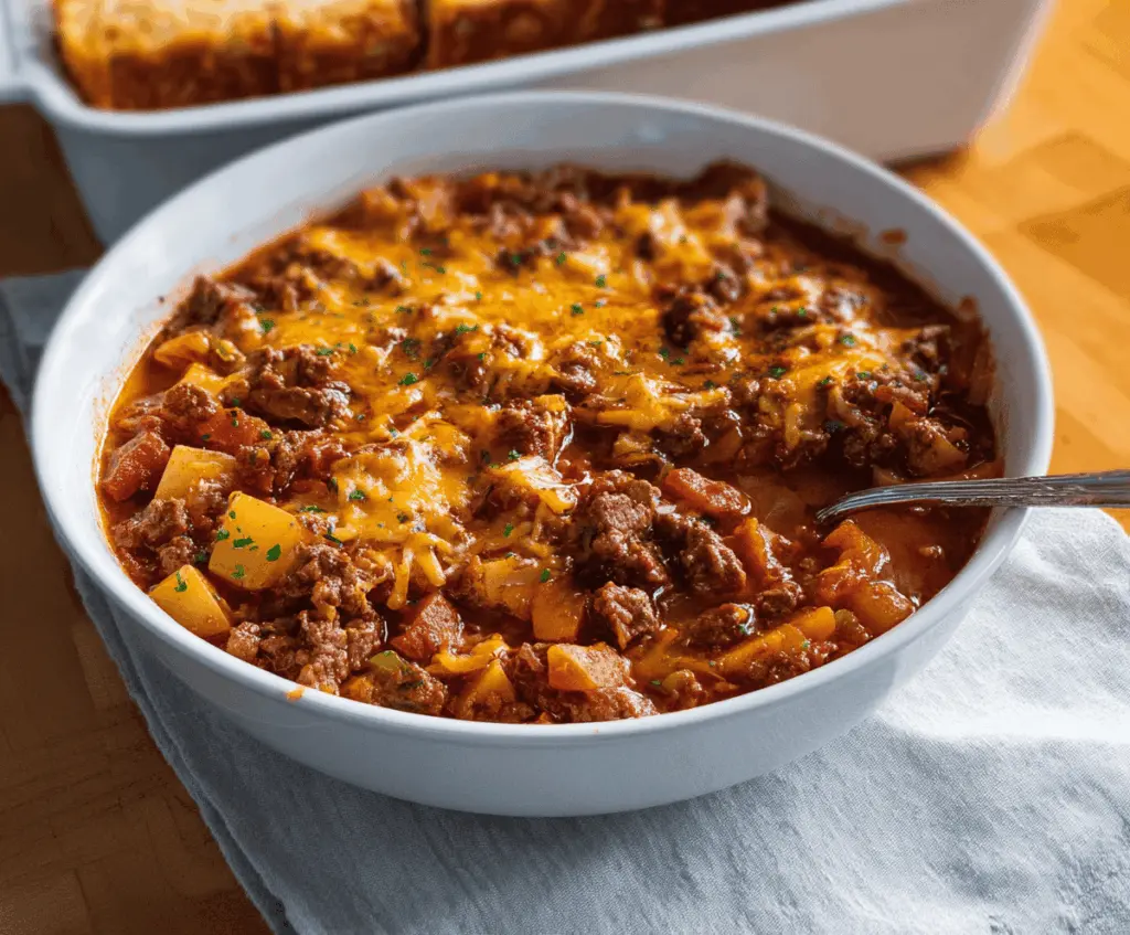 A hearty bowl of Grandma's Ground Beef Stew with tender beef, vegetables, and savory gravy, served in a rustic bowl with fresh herbs garnished on top.