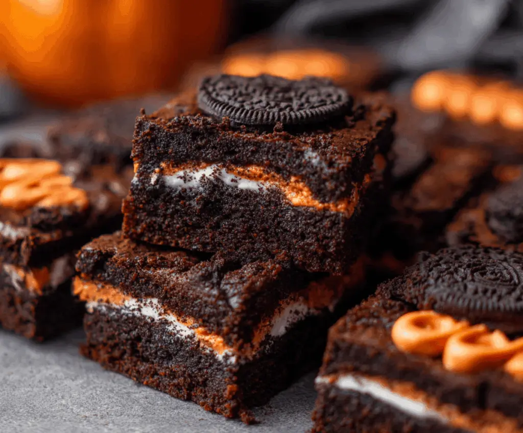 Delicious Halloween Oreo Brownies topped with festive Halloween-themed Oreo cookies and colorful candy decorations