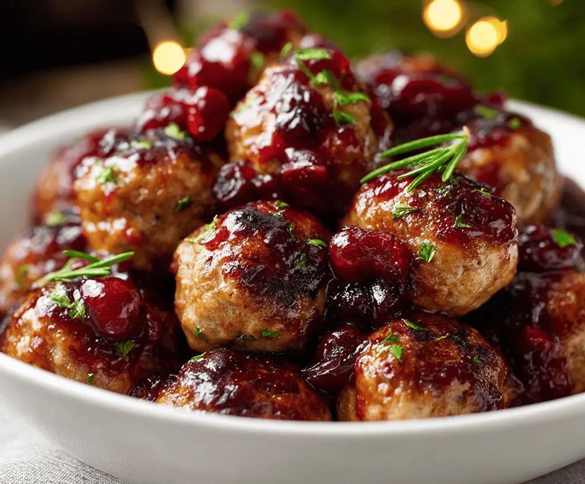 Juicy turkey meatballs topped with a glossy cranberry glaze on a plate, garnished with fresh herbs for a festive harvest-inspired dish.