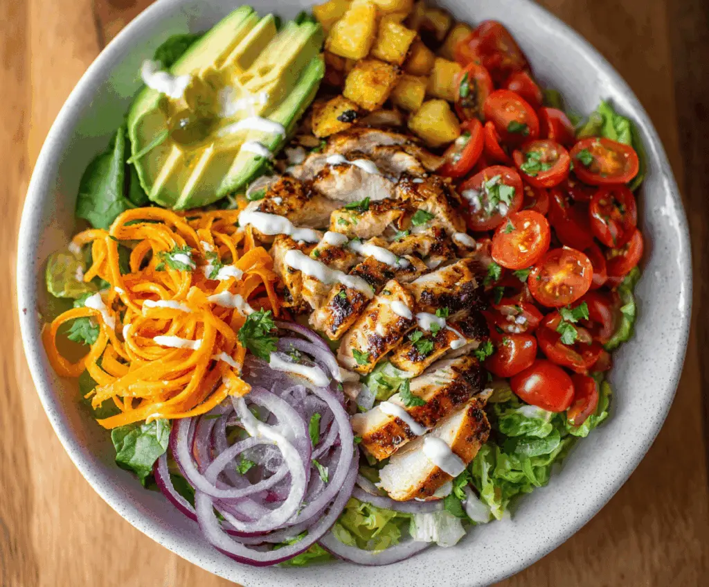 Colorful Hawaiian Chicken Salad Bowl with grilled chicken, fresh pineapple, avocado, cherry tomatoes, and mixed greens, served in a vibrant bowl for a delicious and healthy meal.