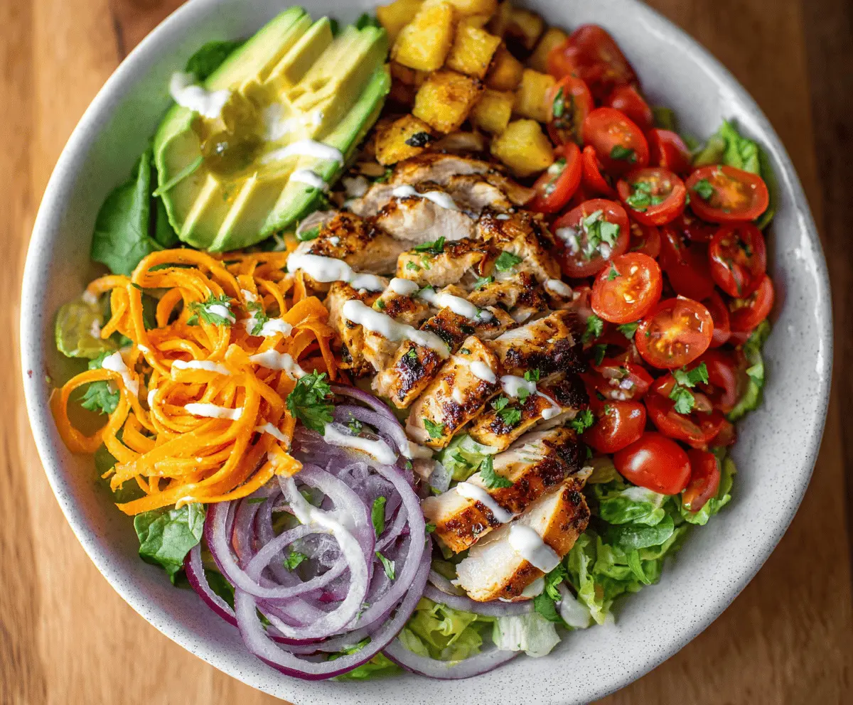 Colorful Hawaiian Chicken Salad Bowl with grilled chicken, fresh pineapple, avocado, cherry tomatoes, and mixed greens, served in a vibrant bowl for a delicious and healthy meal.